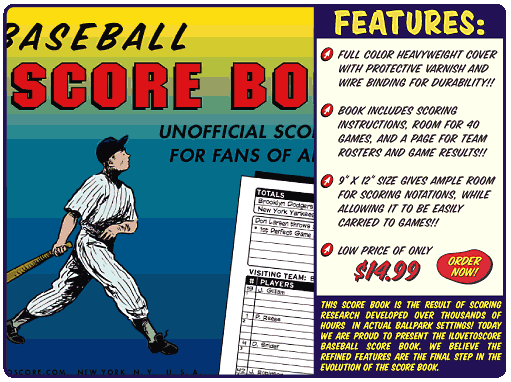 ilovetoscore.com baseball scorebook features 9 x 12 size, high quality finishing and room for 40 games